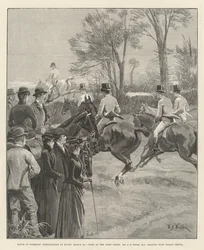 Steeplechase des Unterhauses in Rugby, 29. März, Ansturm am ersten Zaun, Mr. A. E. Pease, MP, führt mit Norah Creina