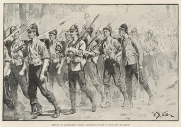 Truppen in Aldershot, schwerer Marschbefehl bei heißem Wetter