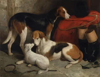 Ein Paar von Lord Henry Bentincks Foxhounds mit einem Terrier, ca. 1845