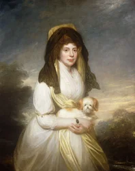 Porträt von Königin Charlotte, Dreiviertellänge, in einem weißen Kleid, einem gelben Schal und einer schwarzen Mantilla, einen Malteserhund haltend, im Garten von Frogmore House