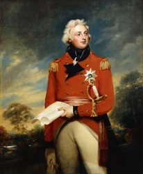 Porträt von William Frederick, 2. Herzog von Gloucester, Dreiviertellänge, in der Uniform des Oberst der 3. Garde und mit dem Bruststern des Hosenbandordens, einen Feldzugsplan haltend, in einer bewaldeten Landschaft