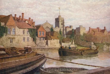 Maidstone, Rückseite des alten Palastes, die Kirche und das alte College von der anderen Seite des Medway