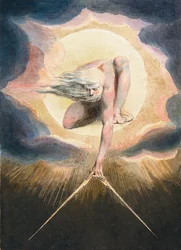 Der Uralte der Tage - Urizen misst die materielle Welt - Illustration des Frontispizes des Buches „Europa. Eine Prophezeiung.“ Zeichnung von William Blake (1757-1827)