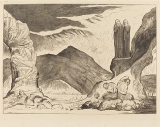 Der Kreis der Fälscher; Dante und Virgil halten sich wegen des Gestanks die Nasen zu