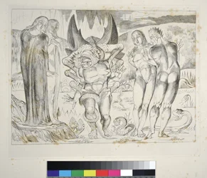 Der Kreis der Diebe: Agnolo Brunelleschi wird von einer sechsfingrigen Schlange angegriffen. Inferno, Canto XXV, Illustration zur Göttlichen Komödie von Dante Alighieri