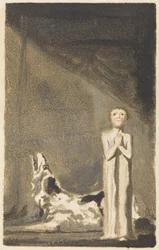 Das erste Buch Urizen, Tafel 24, Ein Junge in einem langen Kleid, der mit gefalteten Händen rechts von einem Hund steht
