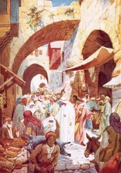 Jesus heilt eine Frau in der Menge auf dem Weg zum Haus des Jairus