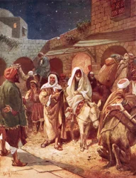 Joseph und Maria kommen in Bethlehem an, finden aber keinen Platz in der Herberge