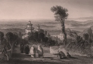 Ansicht vom Sacro Monte (Heiliger Berg) in Varese, Lombardei, Italien, Stahlstich von T Willmore nach einer Zeichnung von William Brockedon, ca. 23x18 cm