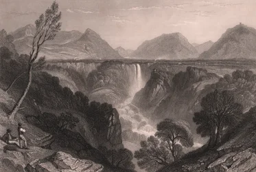 Ansicht der Marmore-Wasserfälle (Cascata delle Marmore) bei Terni, Umbrien, Italien, Stahlstich von James Tibbitts Willmore nach einer Zeichnung von William Brockedon, ca. 23x18,5 cm