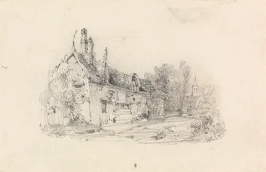 Bauernhaus mit Kirche in der Ferne