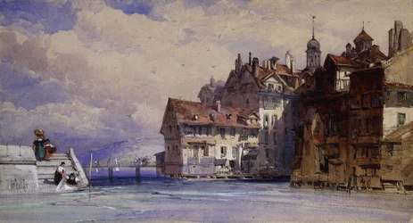 Alte Häuser am Rhoneufer in Genf, 1856
