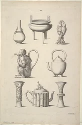 Entwürfe für Geschirr, Tafel XV von Entwürfe chinesischer Gebäude, Möbel, Kleider, Maschinen und Utensilien