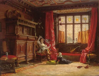 Ein Kavalier in einem dunklen Innenraum, ein Vogel auf seinem Schwert, 1843