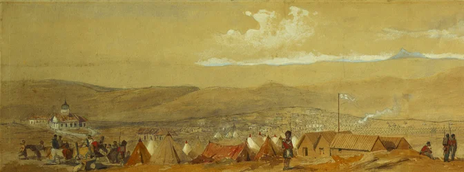 Die Krim: Panoramablick auf Sewastopol mit den Militärlagern und dem Hafen; und ein Panoramablick auf Inkerman mit einem Militärlager und Kavallerie bei Sonnenaufgang