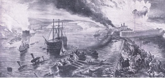 Der Fall von Sewastopol und der Rückzug der Russen, 8. September 1855, Illustration aus British Battles on Land and Sea, 1915