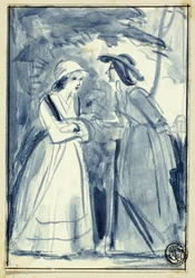 Zwei Frauen in Kleidung des späten 18. Jahrhunderts