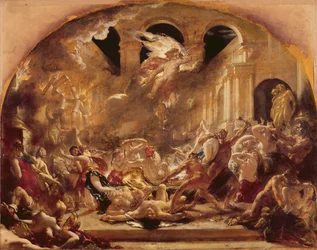 Der zerstörende Engel und Dämonen des Bösen unterbrechen die Orgien der Lasterhaften und Maßlosen