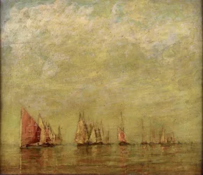 Venezianische Boote, die sich im ruhigen Meer spiegeln. Öl auf Holz