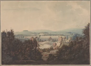 Landschaft mit Fluss und Brücke