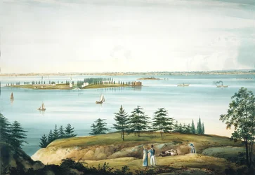 Die Bucht von New York und Governors Island von Brooklyn Heights aus gesehen, 1820-25