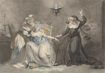 Eine dramatische Szene mit drei Frauen in einem Innenraum