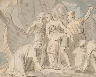 Historisches Thema mit Männern und einem Jungen in der Nähe eines Schiffes, recto, 1770-80
