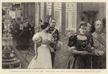Empfang durch den Sultan im Yildiz Kiosk, Munir Pascha, der Zeremonienmeister, empfängt die Gäste