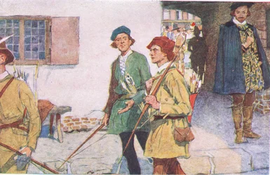 Shakespeare sieht eine Gruppe von Lehrlingen, die mit ihren Bögen und Pfeilen zu den Bogenschießplätzen in Moorfields ziehen, aus My Magazine, veröffentlicht 1922