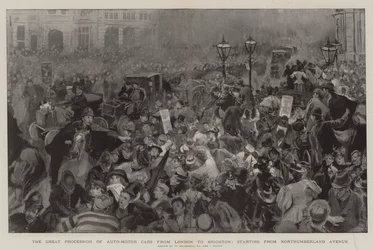 Die große Prozession der Automobilwagen von London nach Brighton, Start von der Northumberland Avenue