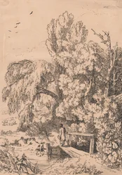 Landschaft mit Bäumen, Mädchen überquert Fußbrücke