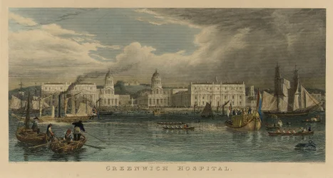 Königlicher Besuch im Greenwich Hospital (England), mit einem Segelschiff, einem Dampfschiff, Passagierbarken, Ruderbooten auf der Themse