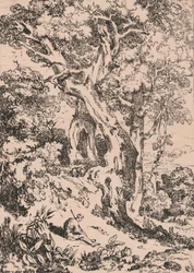 Studie von Bäumen und Sträuchern mit sitzender männlicher Figur