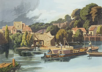 Wallingford Castle im Jahr 1810 während der Brückenreparaturen, graviert von Robert Havell dem Jüngeren, veröffentlicht 1818