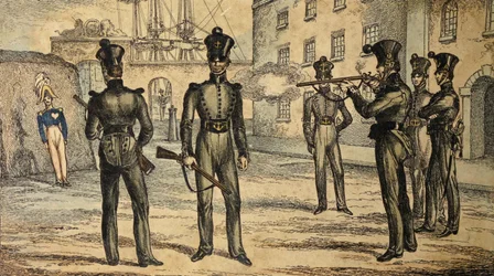 Marine-Schützen beim Üben auf eine schwingende Zielscheibe, ca. 1835 (handkolorierte Radierung)