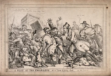 Robert Peel als Faustkämpfer, der Nachtwächter angreift, um sie durch die Polizei zu ersetzen. Radierung von Paul Pry (W. Heath).