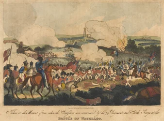 Gefangen im Moment, als die Kürassiere von dem 79. Regiment und den Scotch Greys bei der Schlacht von Waterloo umzingelt wurden, 18. Juni 1815, graviert von Romney und veröffentlicht von Richard Evans, 1816