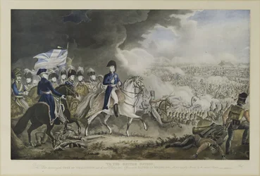 „An die britische Nation“, der Herzog von Wellington und die bedeutendsten Offiziere in der Schlacht bei Waterloo, 18. Juni 1815, Aquatinta von W. T. Fry und T. Sutherland, veröffentlicht von J. Jenkins, London, 18