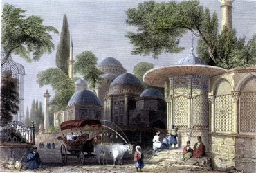 Brunnen und Moschee von Chahzade, graviert von Roberts Sands (1792-1855) um 1850