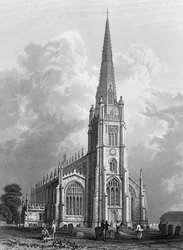 Kirche St. Mary the Virgin, Saffron Walden, graviert von Robert Sands, 1832