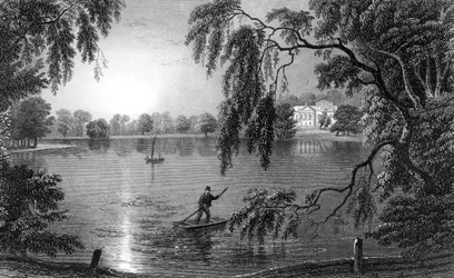Gosfield Hall, von der Weathersfield Road, Essex, graviert von Charles Mottram, 1833