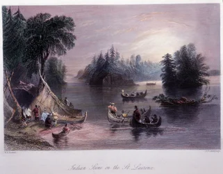 Indianerlager am Ufer des Sankt-Lorenz-Stroms - in „Canadian Scenery Illustrated“ von Bartlett W. H.