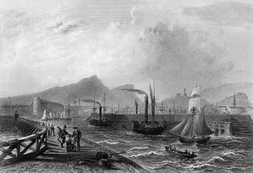 Leith Pier und Hafen, graviert von Robert Wallis, ca. 1820