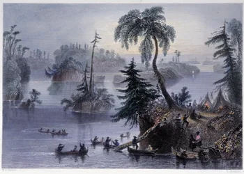 Szene unter den Tausend Inseln: Lager und Boote, Mille Îles - in „Canadian Scenery Illustrated“ von Bartlett W. H.