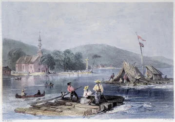 Siedlerflöße und Holztransport auf dem Lake of the Two Mountains - in „Canadian Scenery Illustrated“ von Bartlett W. H.