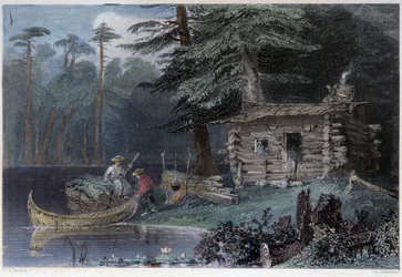 Kleines Siedlerhaus am Chaudière-See - in „Canadian scenery illustrated“ von W.H. Bartlett, London