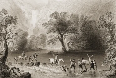 Hirschjagd in der Nähe des Derrycunnihy-Wasserfalls, County Kerry, Irland, aus 