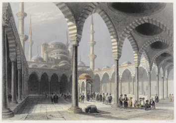 Der Hof der Moschee des Sultans Achmet, Istanbul, graviert von S. Fisher, um 1850