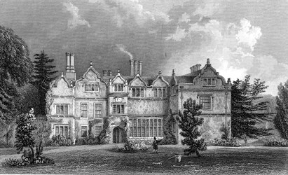 Westfassade von Spains Hall, Essex, graviert von John Rogers, 1832