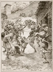 Leutnant Harley, an der Spitze von vierzig Sikhs und sechzig Kaschmiris, stürmte das Haus über dem Mund der Mine, Illustration aus 